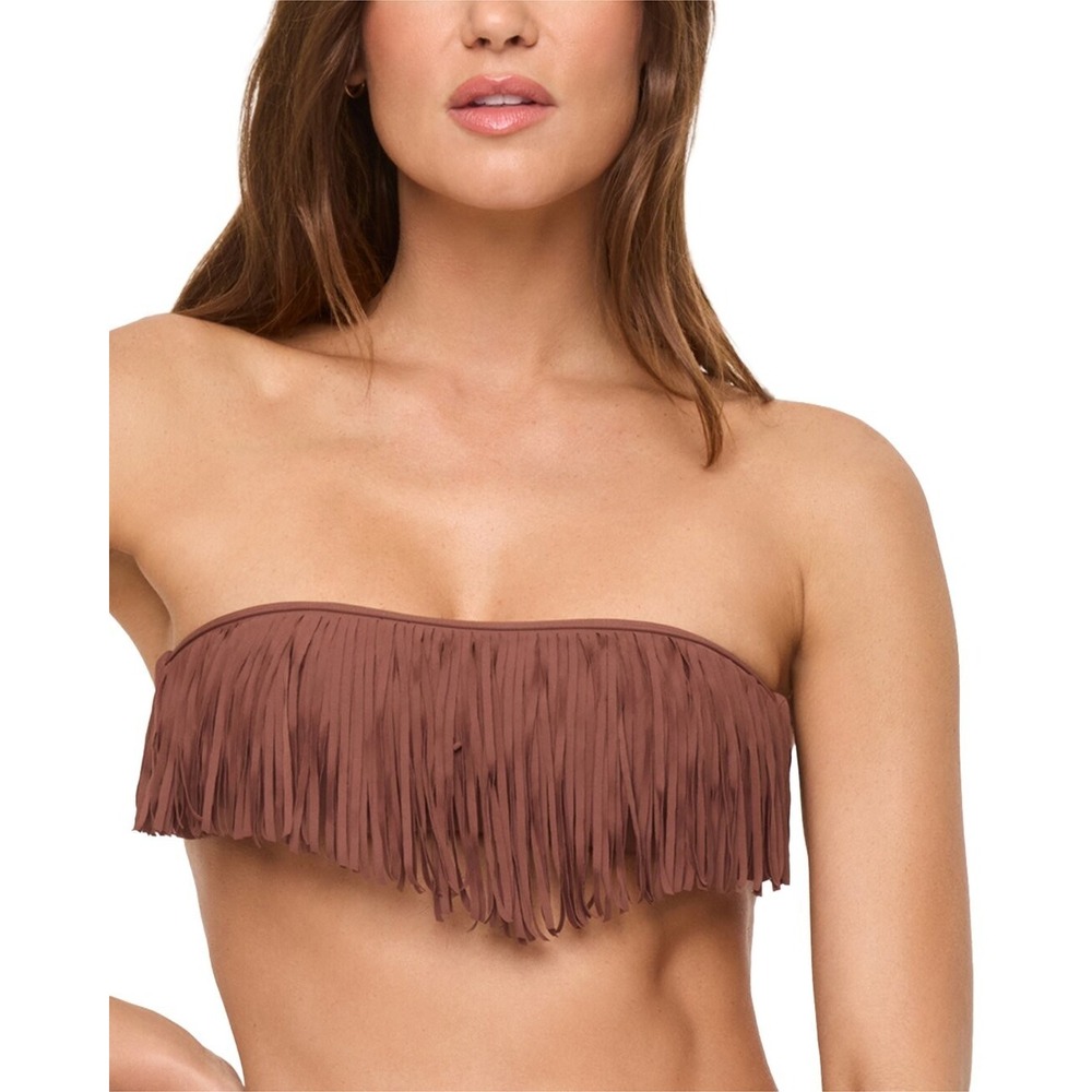 L Space Dixie Bikini Top Womens XS Brown Cafe Fringe Detail Strapless Bandeau